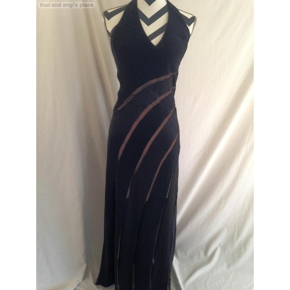 Mon Cheri Women's Dress Evening Black Satin Sheer Striped Halter Dress Size 6 - Picture 1 of 5